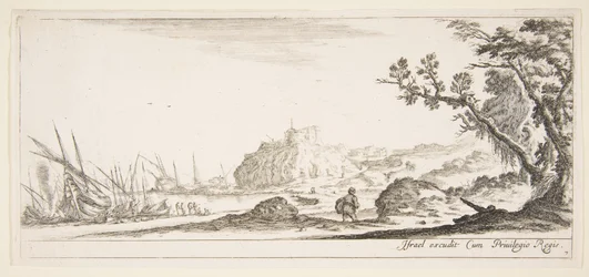 Skylt 7: olika båtar på land till vänster, en man som bär en väska, sedd bakifrån och..., ca. 1641.