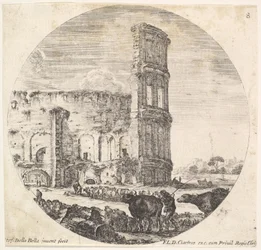 Tavla 8: Colosseum, två flockar som riktas mot amfiteatern i fo..., ca. 1643-48.