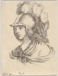 Skylt 9: byst av Minerva, bär hjälm med fjädrar, blickande åt vänster, från ..., 1650.