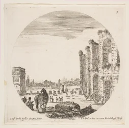 Plåt 9: Konstantins båge till vänster, en del av Colosseum till höger, olika hors..., ca. 1646.