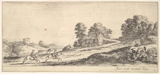 Plåt 9: två ryttare till vänster galopperande uppför mot höger, en häst och sittande m..., ca. 1641.