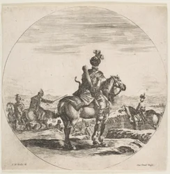 Polsk ryttare med pil och båge, sedd bakifrån med hästen vänd åt höger, en ..., ca. 1651.