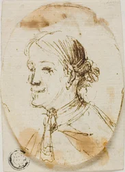 Porträttbyst av man med kravatt (recto); Skiss av sadel (verso)