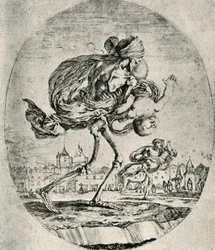 Reproduktion av etsning från Set of Five Deaths, av Stefano della Bella, 1906.