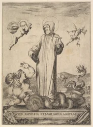 Saint Jean Gualbert trampar ett monster med två människohuvuden och en ormkropp, en fluga..., 1640.