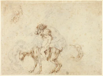 Studie för Satyr Family Walking (recto); Skisser av fem dekorativa kärl (verso)