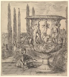 Medici-vasen, en stor vas till höger dekorerad med en representation av offret av..., 1656.