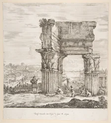 Vespasianustemplet och Forum Romanum, från sex stora vyer, fyra av Rom och två ..., 1656.