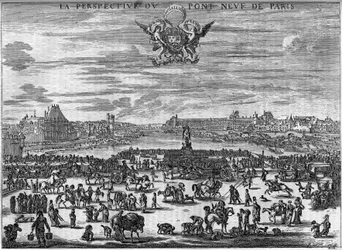 Landet för Pont Neuf de Paris 1646 efter graveringen av Dela Bella.