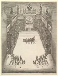 Teater i Modena, sedd från ovan och fylld av åskådare, med en triumfbil vid cen..., 1652.