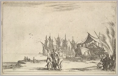 Tre män med hattar som står i mitten, män som fixar ett skepp till höger, fem skepp och vari..., 1639.
