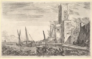 Tornet i Calais Tour de Calais, torn till höger, två fartyg i havet till vänster och i cent..., 1647.