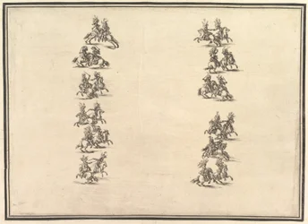 Tjugofyra ryttare som duellerar och bildar två kolonner, från La Gara delle Stagioni, 1652.