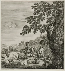 Två ryttare som passerar en flock, tallrik fem från The Six Large Views of Rome and the Campagna
