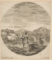 Två kvinnor som korsar en bäck, ca. 1646.