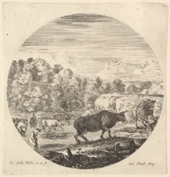 Två kor i centrum, följt av två bondkvinnor och andra kor i floden till..., ca. 1643-48.