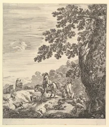 Två ryttare passerar en flock, ridande åt vänster, en bondkvinna och en ung pojke till..., ca. 1656.