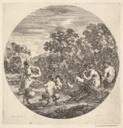 Två satyrer och en faun sitter till höger och tittar på två barnsatyrer och en annan satyr med..., ca. 1643-48.
