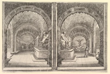 Två vyer av en grotta, båda vyer med en fontän med en sittande staty, sett från ..., ca. 1653.