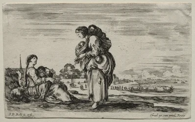 Olika figurer och landskap: två mödrar samtalar, 1649