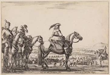 Olika figurer (Varie figure): Armé på marsch på slätten. På höjden i förgrunden befälhavaren och hans följeslagare, till höger trumpetaren