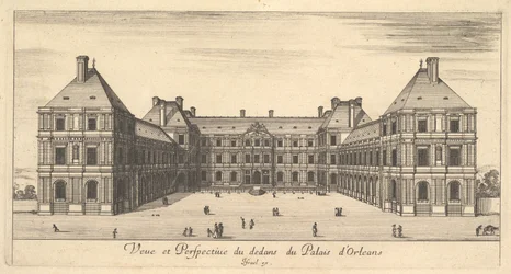Utsikt och perspektiv på insidan av Palais dOrleans, från olika vyer av rema..., 1649-51.