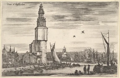 Utsikt över Amsterdam Vue dAmsterdam, ett torn och hus till vänster, män som står på piren ..., 1647.