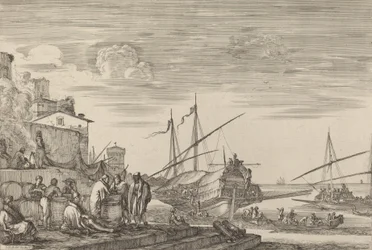 Utsikt över flera hus som vetter mot hamnen, troligen ca. 16541655.