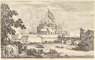 Utsikt över floden Tibern, ett stort träd till vänster, två grupper av kvinnor till vänster i förgrunden..., ca. 1656.