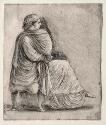 Kvinna som sitter på en pall, ca. 1620-1630-talen.