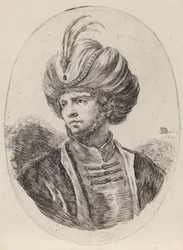 Ung mor med lätt skägg och fjäderprydd turban, vänd åt vänster, 1650