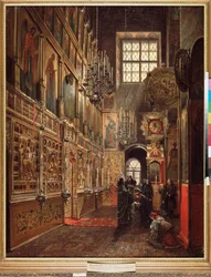 En gudstjänst i bebådelsedomens katedral i Kreml i Moskva - Målning av Stepan Mikhailovich Shukhvostov (1821-1908), olja på duk