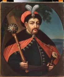 Portrait du hetman (commander) Cossack of Ukraine Bohdan Khmelnytsky (1595-1657) (Portrait of the Cosack hetman of Ukraine Bohdan Khelmytsky) - Peinture de Stepan Zemlykov (debut 1800-talet), olja på duk 1800-talet, konst Ukraina - Regionalt konstmuseum