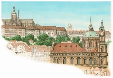 En vy över Prag, ca 1900-2023 (bläck och akvarell)
