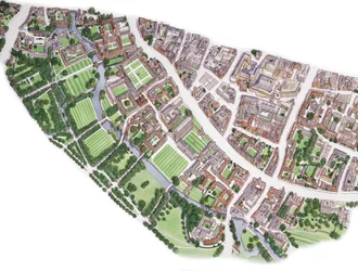 Cambridge Aerial View (ritad 1996), ca 1990-2005 (tusch och akvarell)