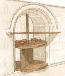 Medeltida servering, Fountains Abbey, Yorkshire, ca 1200-1520 (ritad 2001) (tusch, gouache och akvarell)