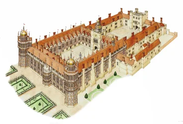 Nonsuch Palace, Surrey, ca 1540-1600 (bläck och akvarell)