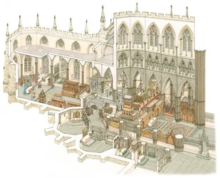 The East End of Westminster Abbey strax före reformationen, ca 1500-1525 (tusch och akvarell)