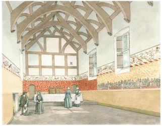 The Great Hall of Cothay Manor, Near Wellington,Somerset, 2016 (tusch och akvarell)