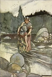 Ferdia faller för Cuchulains hand, illustration från "Cuchulain, The Hound of Ulster", av Eleanor Hull (1860-1935)