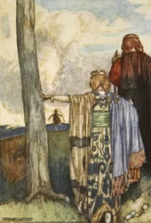 Drottning Maeve träffar Cuchulain, illustration från "Cuchulain, The Hound of Ulster", av Eleanor Hull (1860-1935)