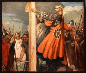 Sanktt Oswald, illustration från "den mäktiga armén" av Winifred M. Letts, pub. 1912 (lito i färg)