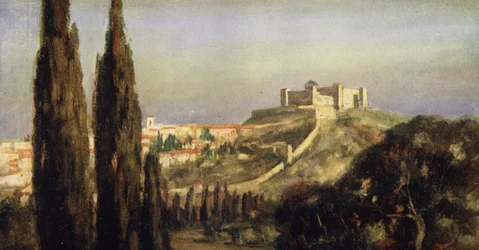 Spoleto, födelseplatsen för Saint Benedict (färg litho)