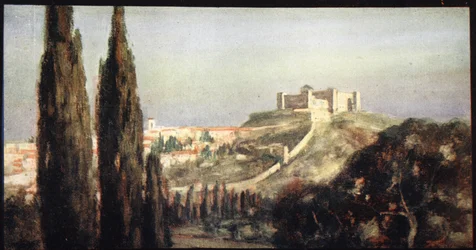 Spoletto, födelseplatsen för Saint Benedict, illustration från 