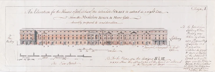 Design för husen på båda sidor av den avsedda gatan att sträcka sig i en höger linje från Mansion-House till More-Gate ödmjukt föreslagen till övervägande, 1762 (wc över penna och grafit på lagt papper)