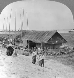 Hus byggt av bambu på flottar, Bhamo, Burma, 1908