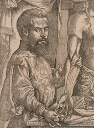 Andreas Vesalius dissekerar musklerna i underarmen på ett kadaver, 1543.