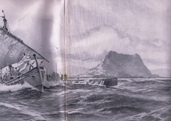 Tysk ubåt som reser genom Gibraltersundet på väg till Dardenellerna, från puben The Illustrated History of the World War 1914-1915. av Union Berlagsefellfchaft