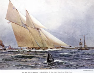 Segeltävling: segelbåten ”Meteor IV” - Akvarell av Willy Stöwer