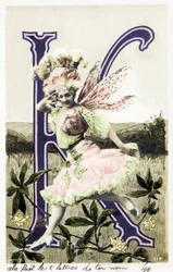 K : Juliette Mealy , sångerska och kabarédansös från la Belle Epoque - skapare av låten "Frou Frou" 1897 - Alfabet i vykort